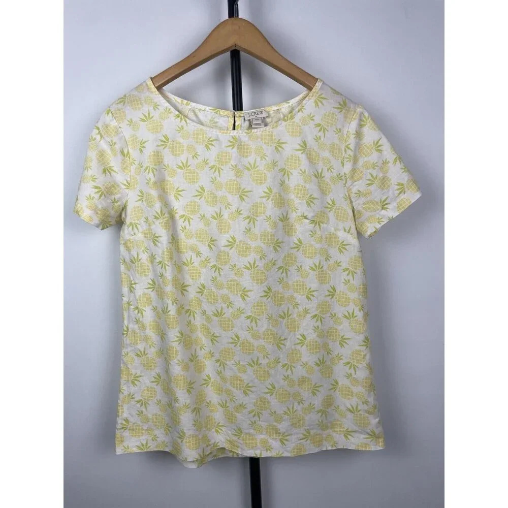 J. Crew White Pineapple Novelty Print Linen Cotton Short Sleeve Top Size XXS